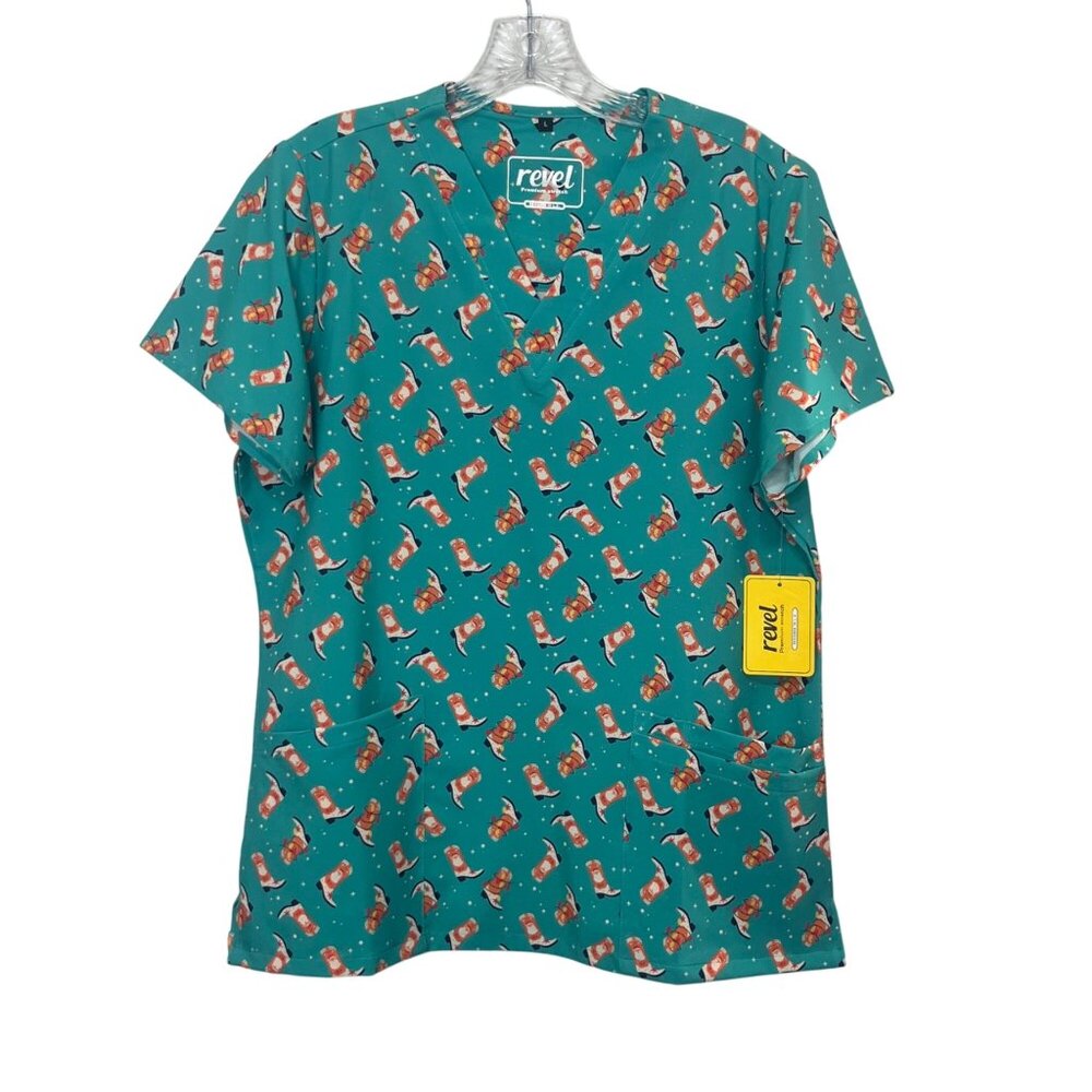 Revel Christmas Boots Scrub Top Womens Large Green New Premium‎ Stretch